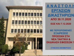 ΦΕΚ Β 5255/28.11.2020 Αναστολή προθεσμιών και δικαστηρίων από 30.11.2020 έως 7.12.2020. 